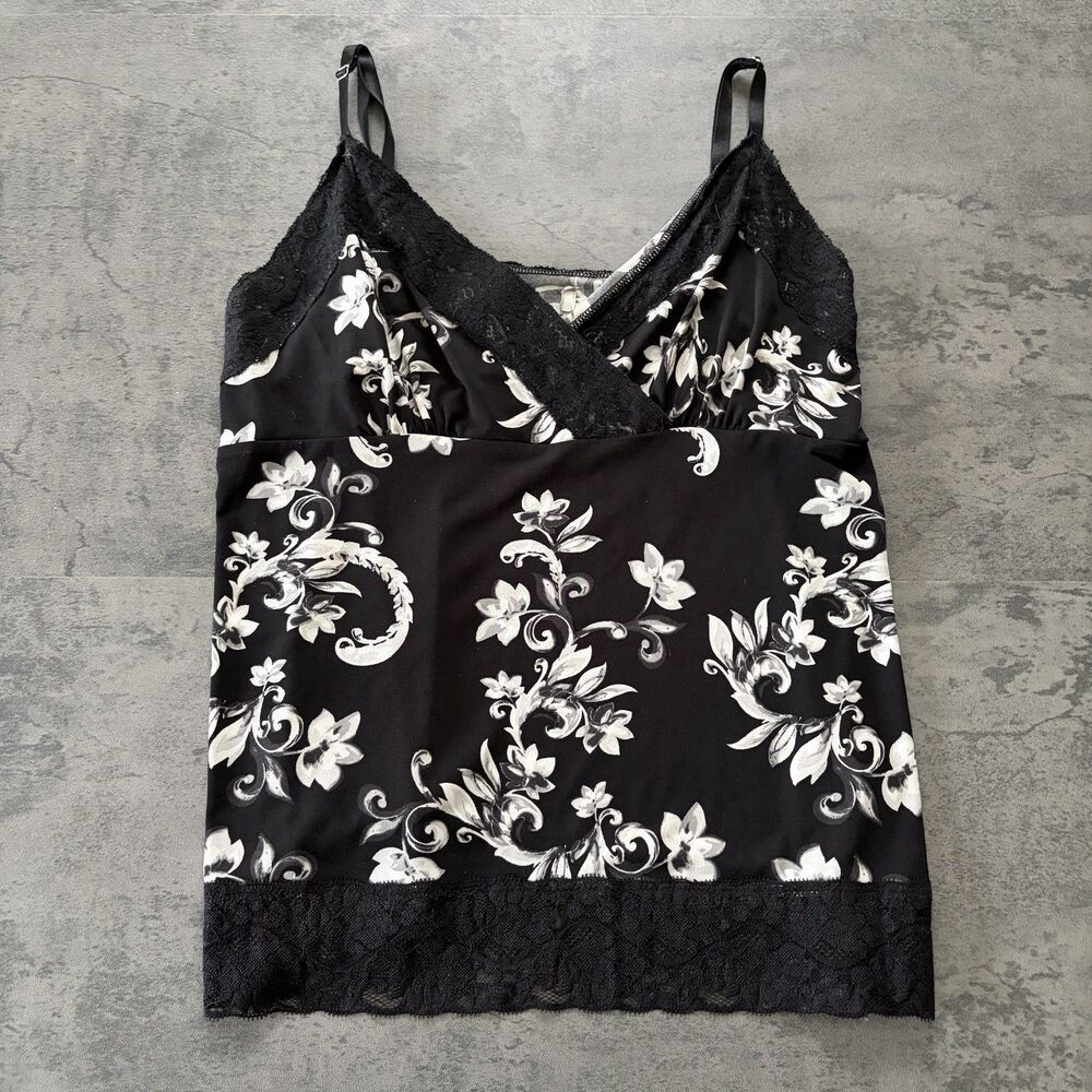 White House Black Market Lace  Cami Y2K Floral Top Black White Sz XL
